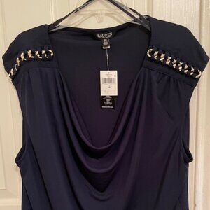 Ralph Lauren Black Label Womens Navy blouse Gold chain shoulders size 3X NWTs